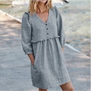 NWT Garnet Hill Linen Ruffle Detail Dress European Flax Sky Blue Mini Stripe 10